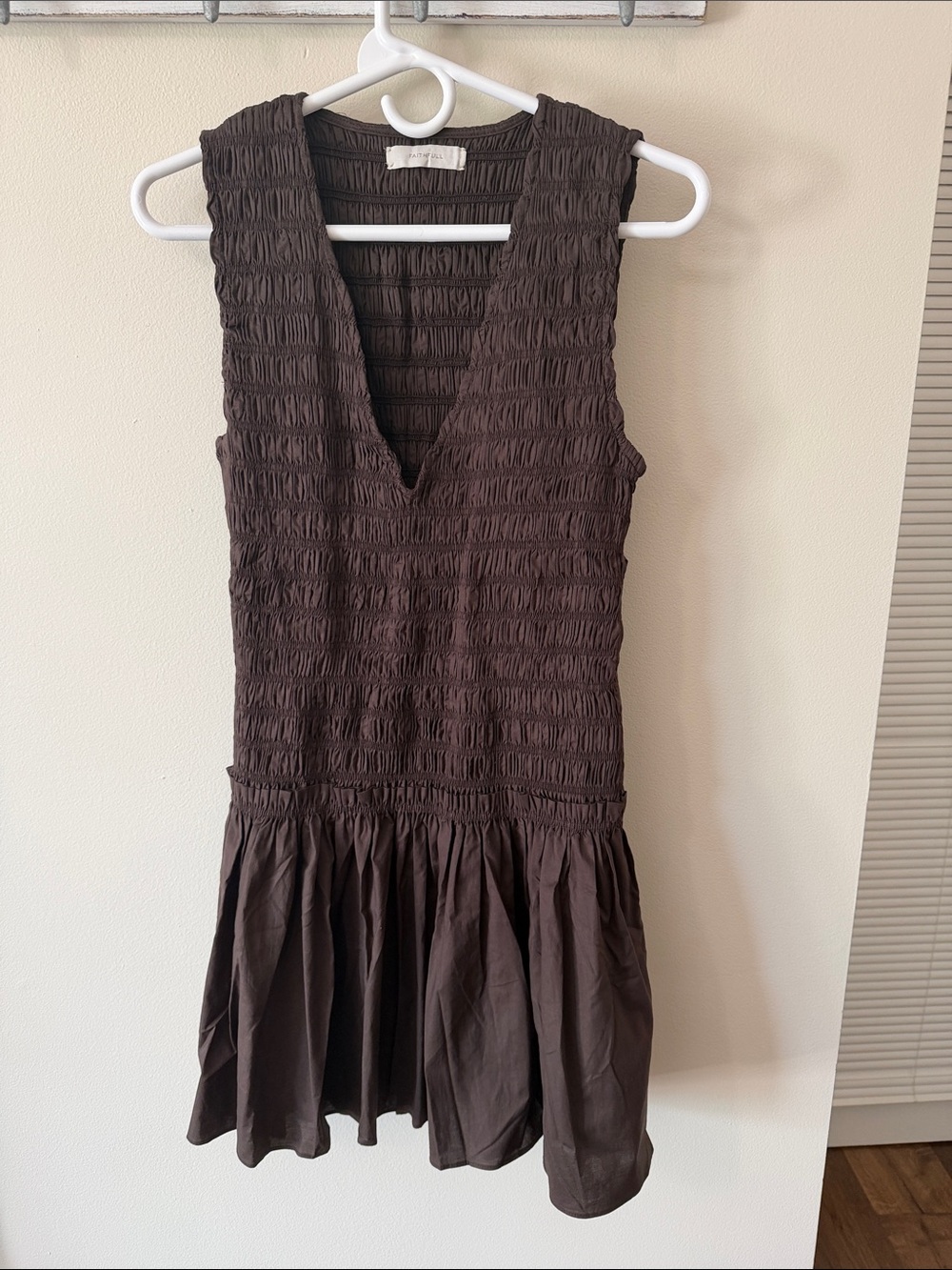 Faithfull the Brand Brown Smocked V-Neck Mini Dress Size 6